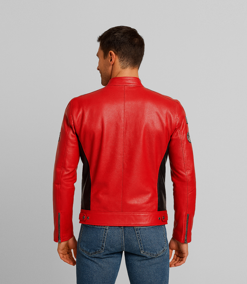 Men's Leather Biker Jacket w/ Stripes - Red