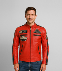 Men's Leather Biker Jacket w/ Stripes - Red