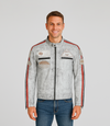 Men's Leather Biker Jacket w/ Stripes - White