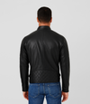 Men's Leather Biker Leather Jacket with Quilt Detail - Black