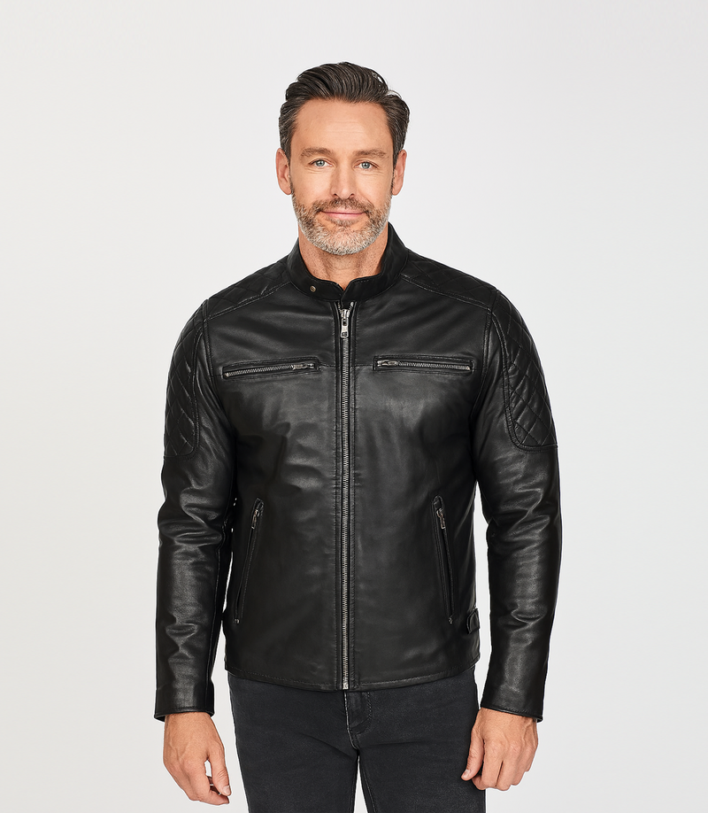 Men's Leather Biker Leather Jacket with Quilt Detail - Black