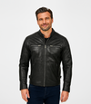 Men's Leather Biker Leather Jacket with Quilt Detail - Black