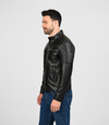 Men's Leather Biker Leather Jacket with Quilt Detail - Black
