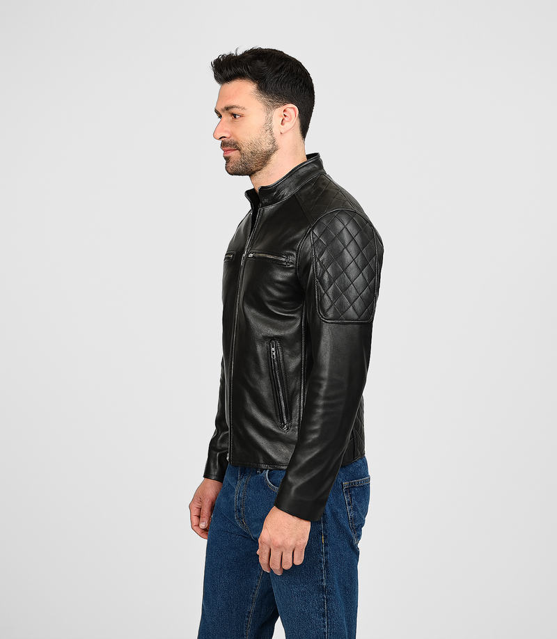 Men's Leather Biker Leather Jacket with Quilt Detail - Black