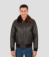 Men's Leather Pilot Bomber Jacket with Detachable Collar - Brown