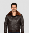 Men's Leather Pilot Bomber Jacket with Detachable Collar - Brown