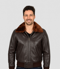 Men's Leather Pilot Bomber Jacket with Detachable Collar - Brown