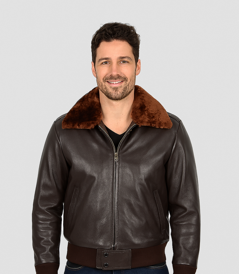 Men's Leather Pilot Bomber Jacket with Detachable Collar - Brown