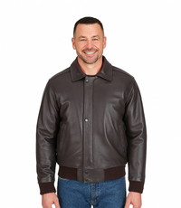 Men's Leather Pilot Bomber Jacket with Detachable Collar - Brown