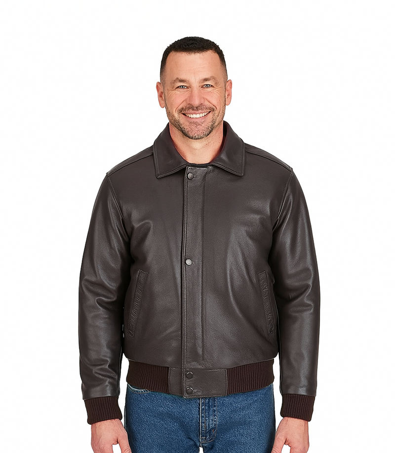 Men's Leather Pilot Bomber Jacket with Detachable Collar - Brown