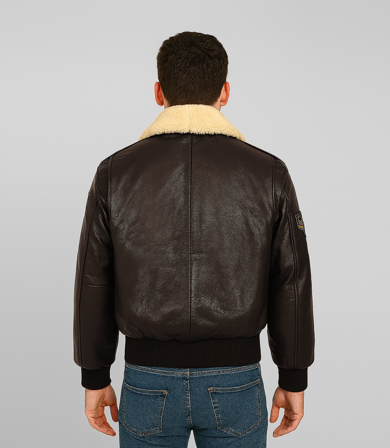 Men's Pilot Leather Jacket with Detachable Fur Collar - Brown