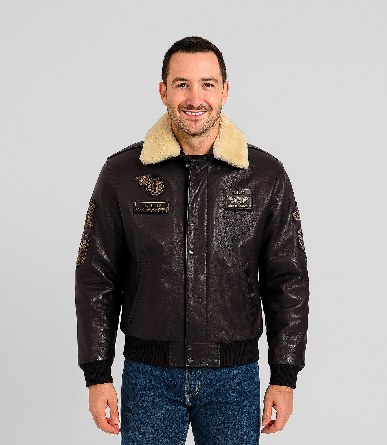 Men's Pilot Leather Jacket with Detachable Fur Collar Brown