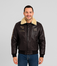 Men's Pilot Leather Jacket with Detachable Fur Collar - Brown