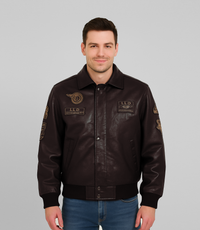 Men's Pilot Leather Jacket with Detachable Fur Collar - Brown
