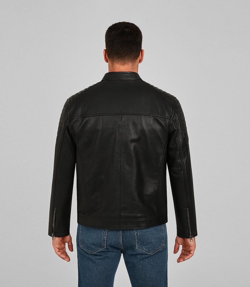 Men's Quilted Leather Biker Style Zip Jacket - Black