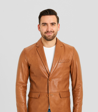 Men's Two Button Leather Blazer - Tan
