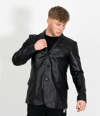 Men's Classic Three Button Leather Blazer - Black