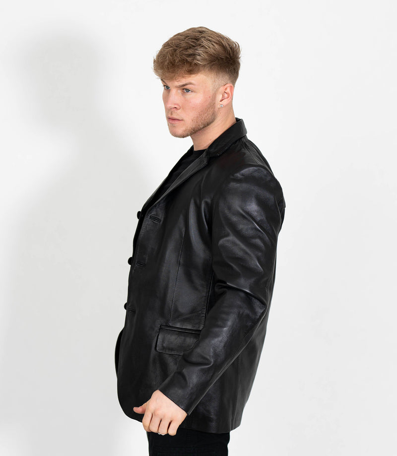 Men's Classic Three Button Leather Blazer - Black