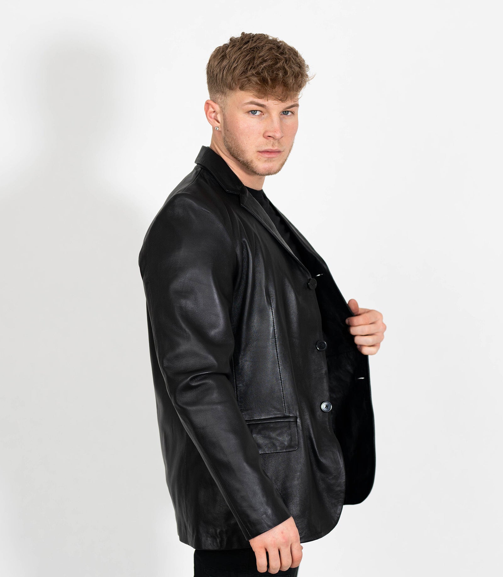 Men's Classic Three Button Leather Blazer - Black