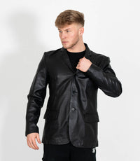 Men's Classic Three Button Leather Blazer - Black