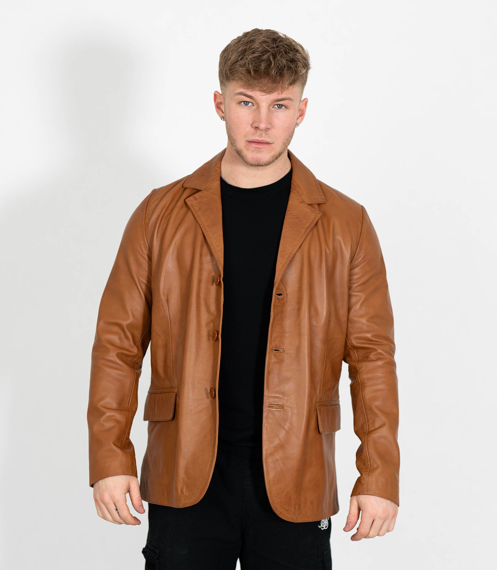 Men's Classic Three Button Leather Blazer - Tan