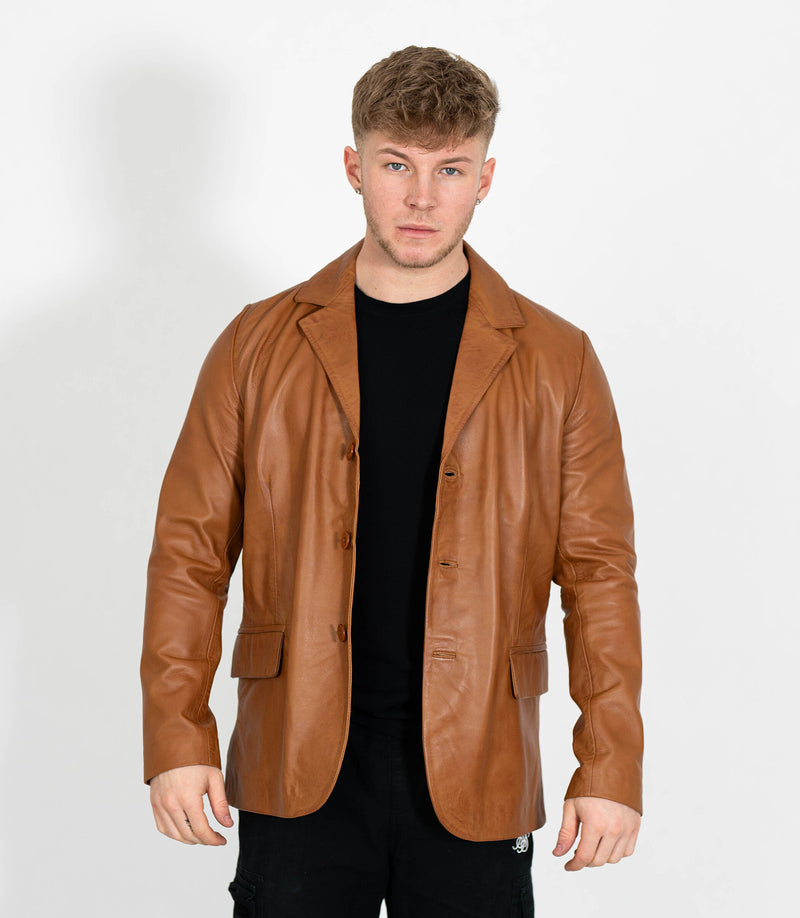 Men's Classic Three Button Leather Blazer - Tan