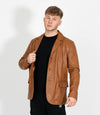 Men's Classic Three Button Leather Blazer - Tan