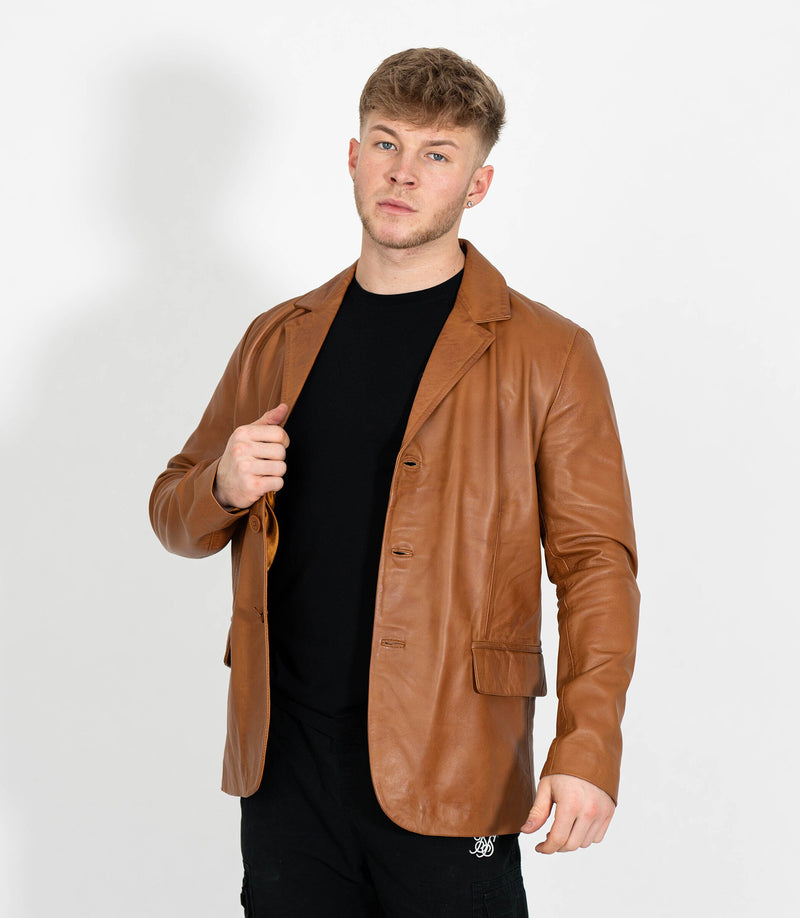 Men's Classic Three Button Leather Blazer - Tan