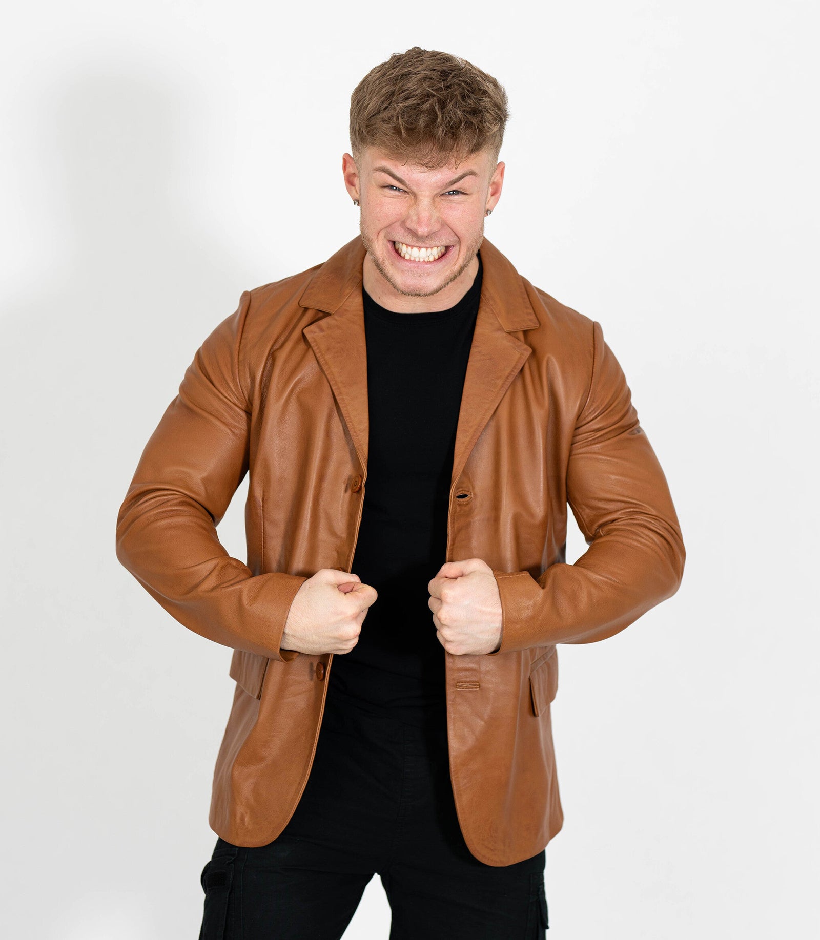 Men's Classic Three Button Leather Blazer - Tan