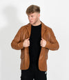 Men's Classic Three Button Leather Blazer - Tan