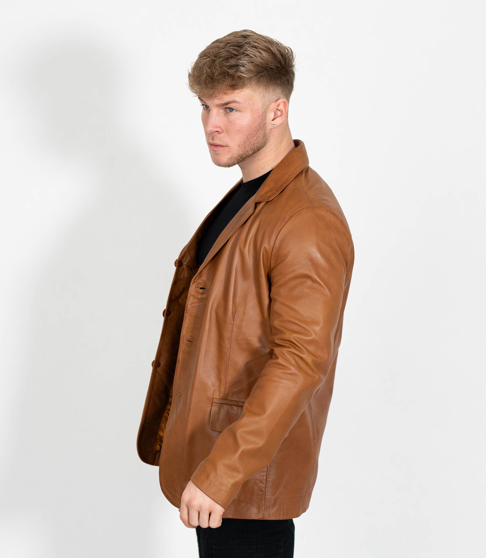 Men's Classic Three Button Leather Blazer - Tan