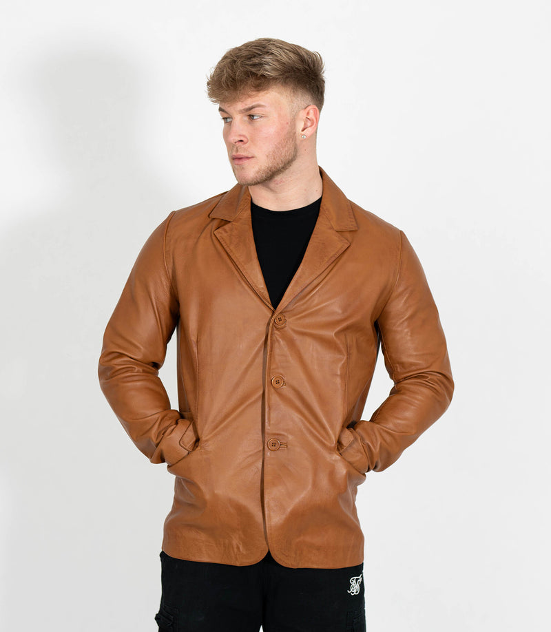 Men's Classic Three Button Leather Blazer - Tan