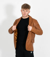 Men's Classic Three Button Leather Blazer - Tan