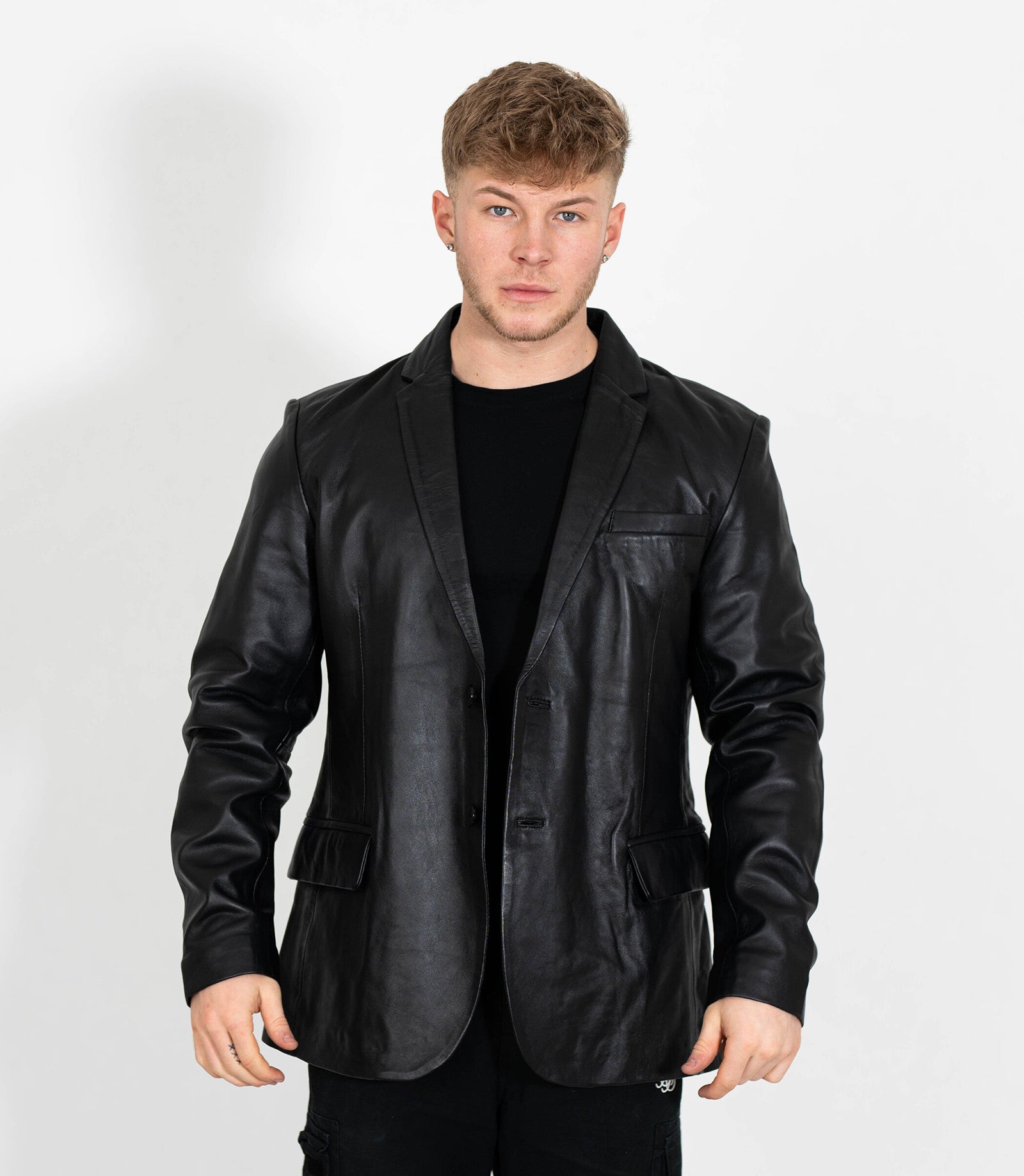 Men's Two Button Leather Blazer - Black