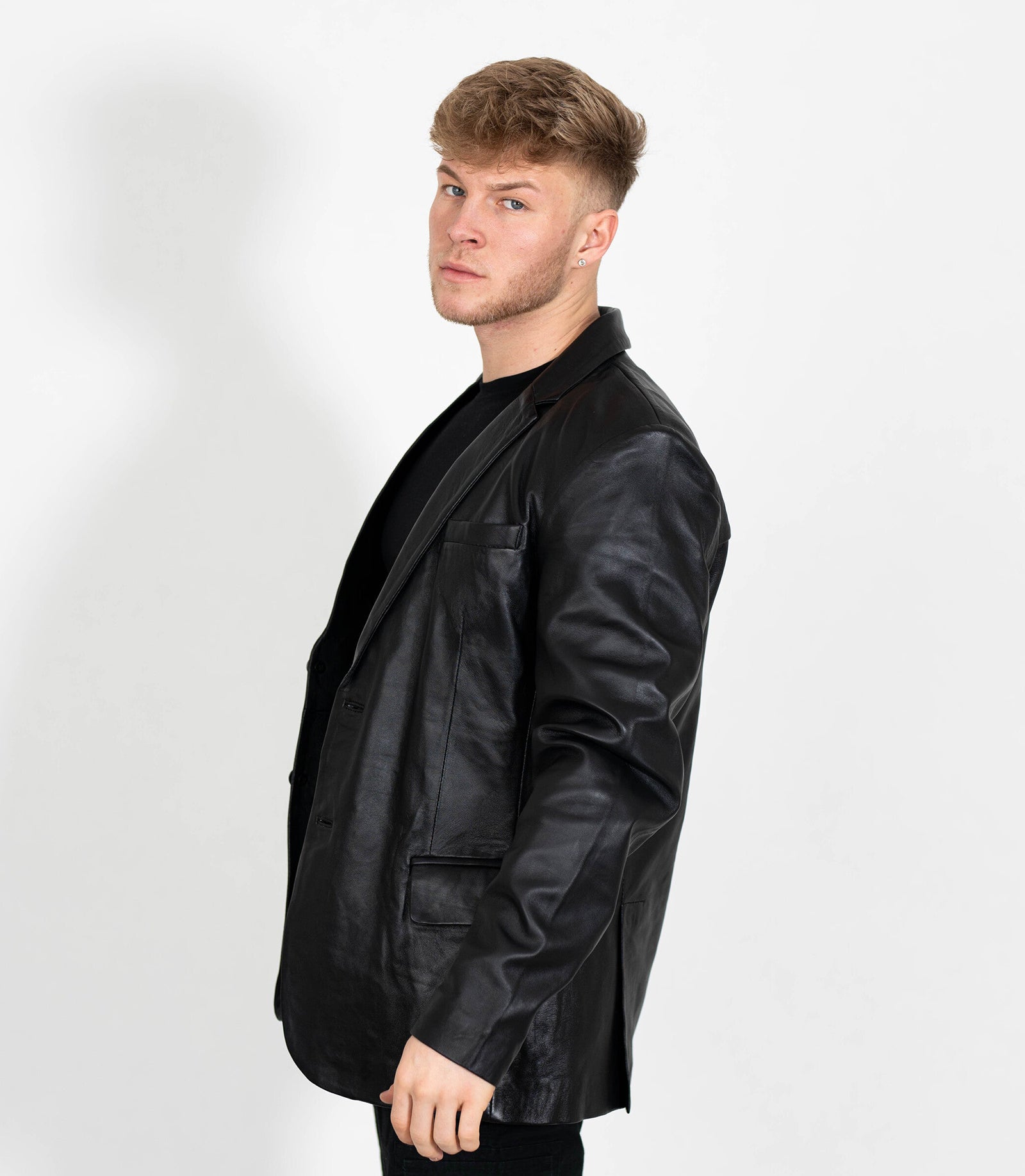 Men's Two Button Leather Blazer - Black