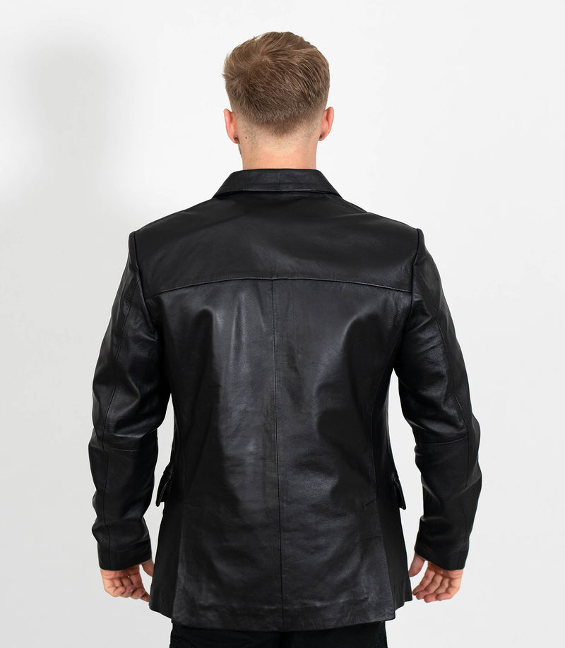 Men's Two Button Leather Blazer - Black