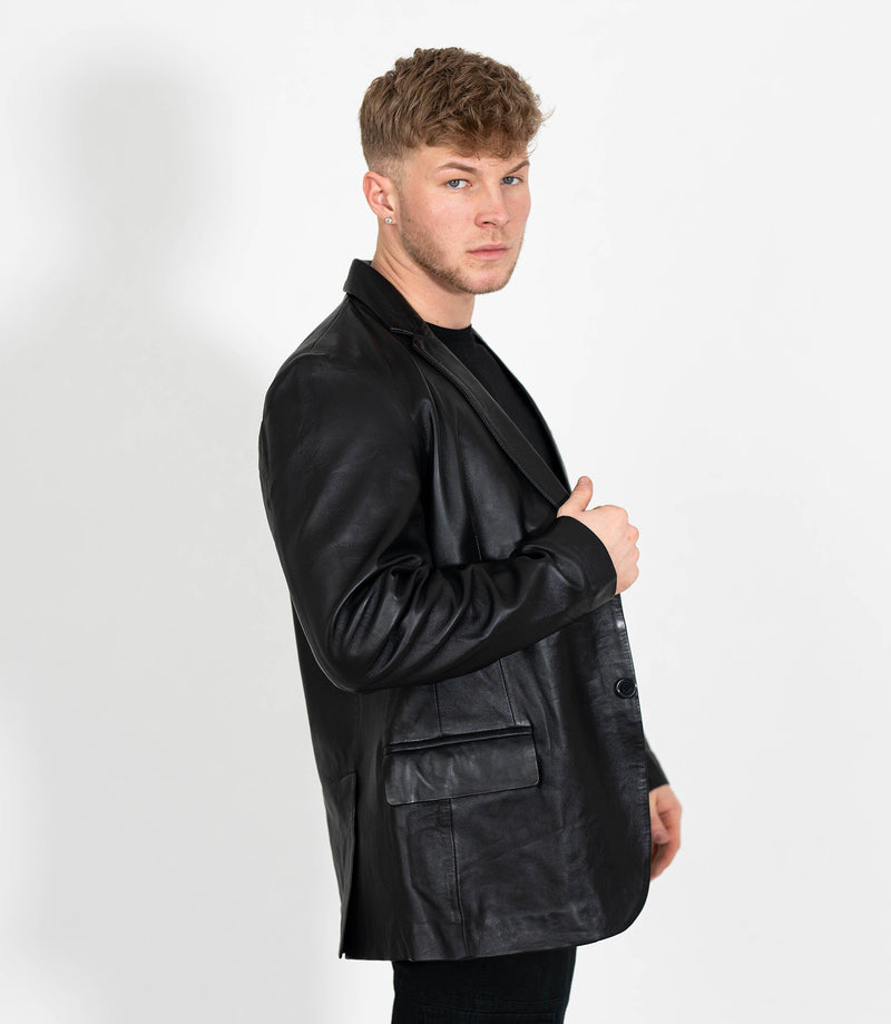 Men's Two Button Leather Blazer - Black