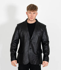 Men's Two Button Leather Blazer - Black