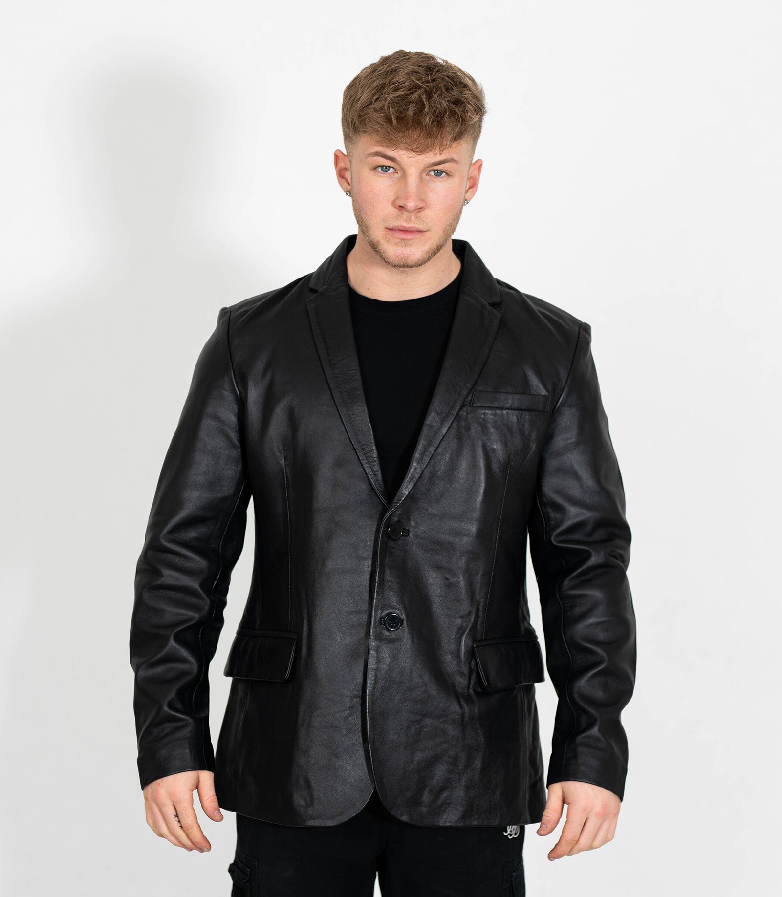 Men's Two Button Leather Blazer - Black