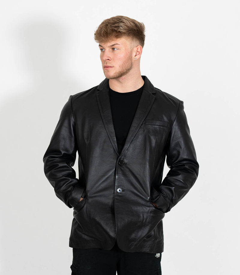 Men's Two Button Leather Blazer - Black