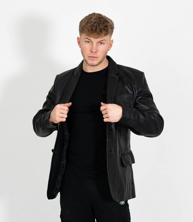 Men's Two Button Leather Blazer - Black