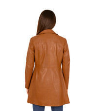 Women's 3/4 Length Classic Leather Coat - Tan
