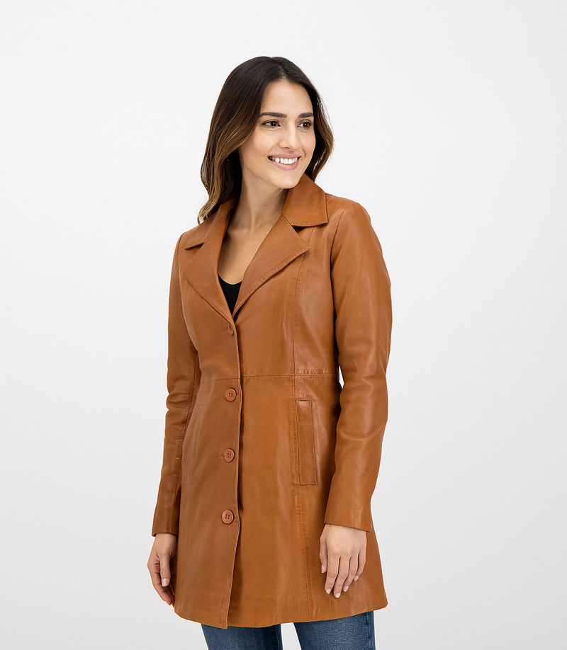 Women's 3/4 Length Classic Leather Coat - Tan