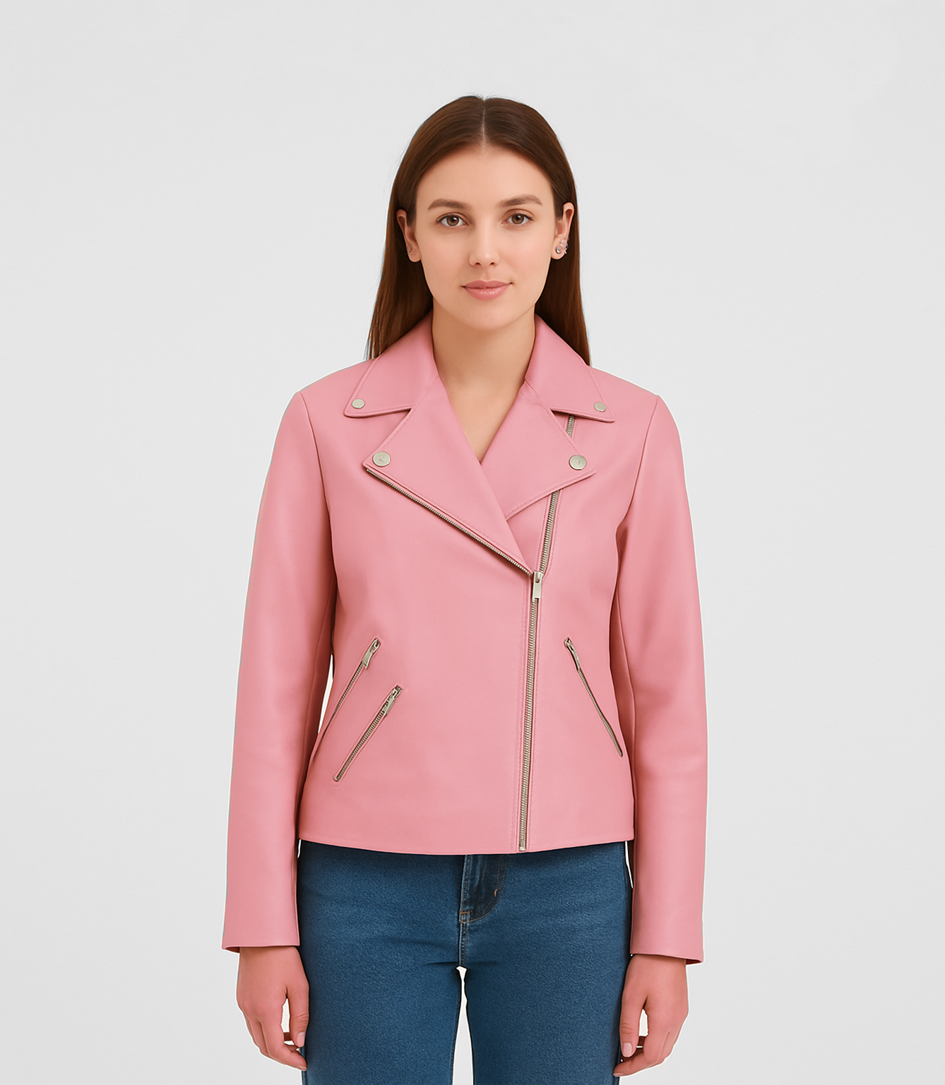 Women's Biker Style Cross Zip Leather Jacket Pink – Brick Lane
