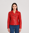 Women's Biker Style Cross Zip Leather Jacket - Red