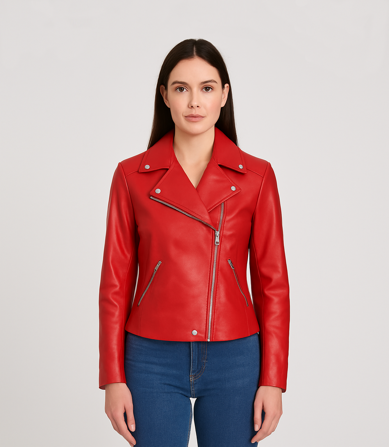 Women's Biker Style Cross Zip Leather Jacket - Red – Brick Lane