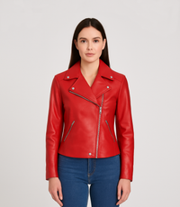 Women's Biker Style Cross Zip Leather Jacket - Red