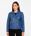 Women's Biker Style Cross Zip Leather Jacket - Royal Blue