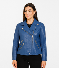 Women's Biker Style Cross Zip Leather Jacket - Royal Blue