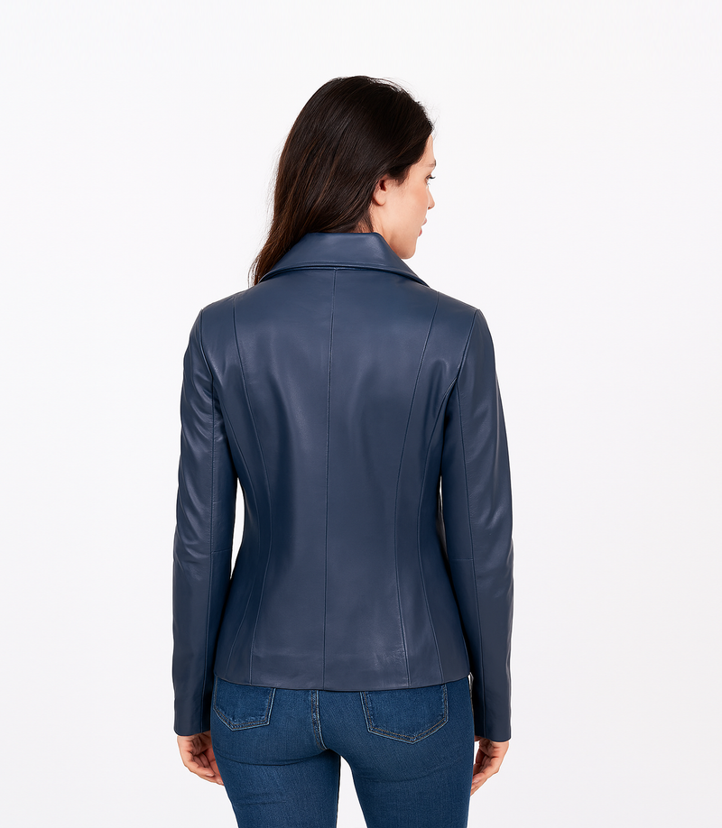 Women's Classic Zip Blazer Leather Jacket with Collar - Blue